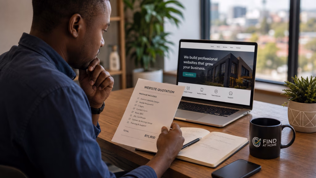 South African small business owner reviewing a professional business website and website quotation