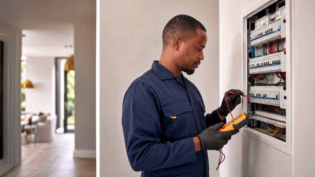 South African electrician inspecting a residential distribution board safely