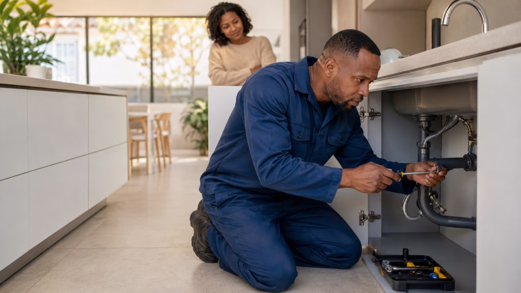 Professional plumber inspecting pipes beneath a kitchen sink in a Johannesburg home