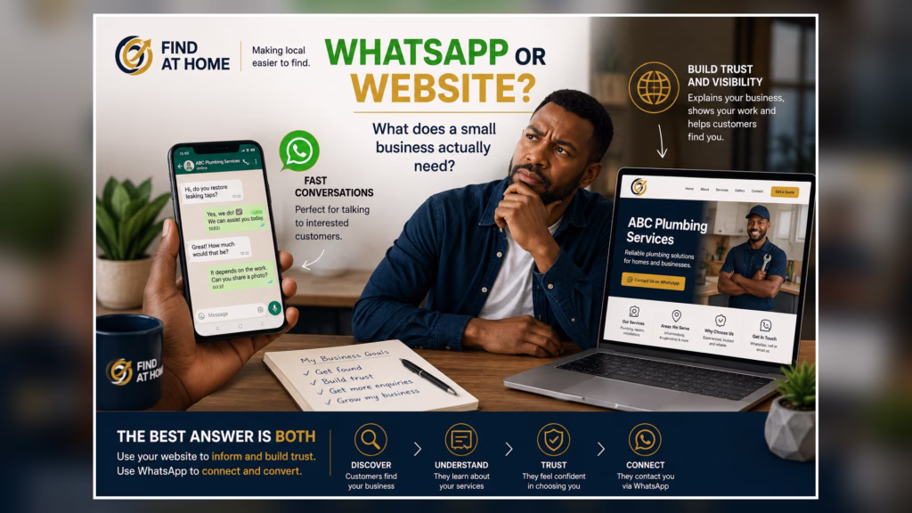 South African small business owner using WhatsApp while viewing a business website on a laptop