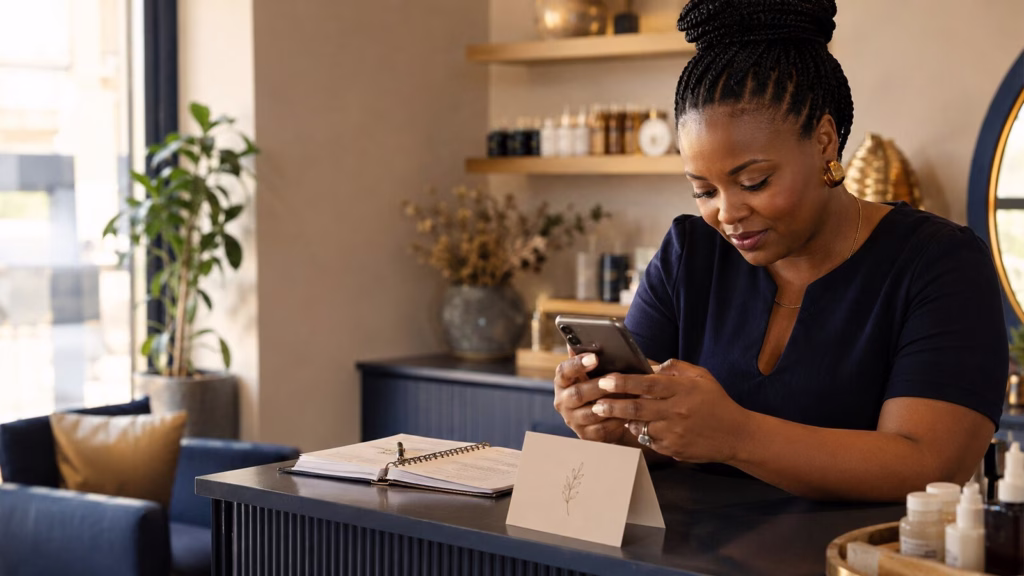 Small business owner sending a respectful customer review request after service