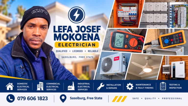 Lefa Josef Mokoena, qualified electrician in Sasolburg providing domestic, commercial and industrial electrical services.